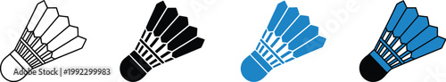 Shuttlecock icon set featuring four isolated designs in outline, solid black, light blue, and dark blue variations, badminton sport elements, minimal and bold styles, high quality vector illustration 