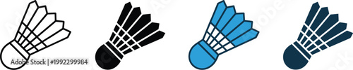 Collection of four isolated shuttlecock icons in outline, solid black, light blue, and dark blue styles, badminton gameplay symbols, sports equipment graphics, clean modern vector illustration set.