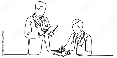 A single line drawing representing two medical doctors collaborating while wearing their white coats and working with papers Vector, illustration