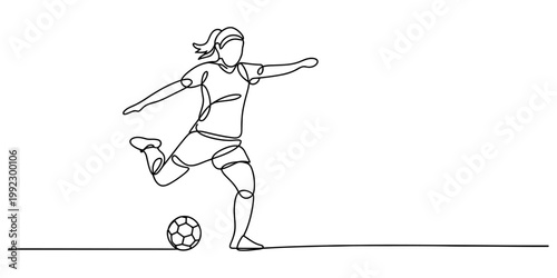 Continuous single line drawing of a female soccer player kicking a ball with dynamic motion isolated on a white background now. Vector, illustration