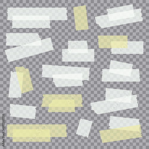 Set of realistic adhesive tape strips in various shapes and colors, isolated on transparent background. Perfect for mockups, scrapbooking, and design elements. Vector illustration