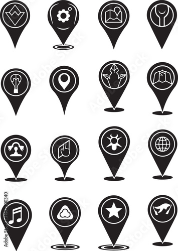 Map Pin Location Icon Set, Minimal Black Navigation & POI Marker Symbols