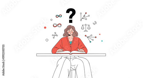 Confused student, puzzled woman, thinking face, question mark, floating symbols