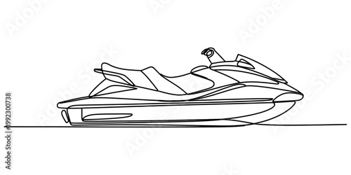 A continuous line drawing of a personal watercraft designed for speed on the water in a minimalist simple style. Vector, illustration