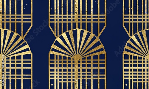 Luxury Art Deco seamless pattern with elegant golden geometric lines on deep navy blue background