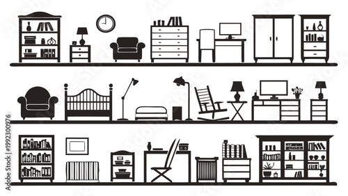 Vector illustration set of various furniture items arranged in three rows with furniture interior furnishing