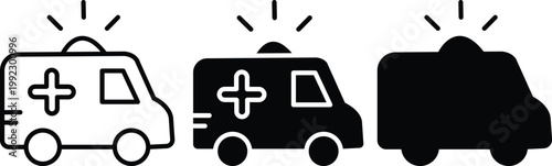 Emergency Medical Service Ambulance with Siren and Medical Cross Sign Vector Silhouette and Pictogram Icon Set
