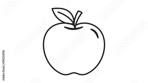 Minimalist Black Line Apple Vector Icon with Editable Stroke. Clean hand-drawn illustration of a glossy round fruit with a leaf on white background, ideal for healthy food and organic product design.