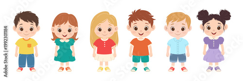 Cheerful Smiling Multicultural Children Group in Flat Style. Kids with Different Hair Colors Clothes. Boys and Girls Characters for Illustrations Kindergarten School Children's Day Back to School.
