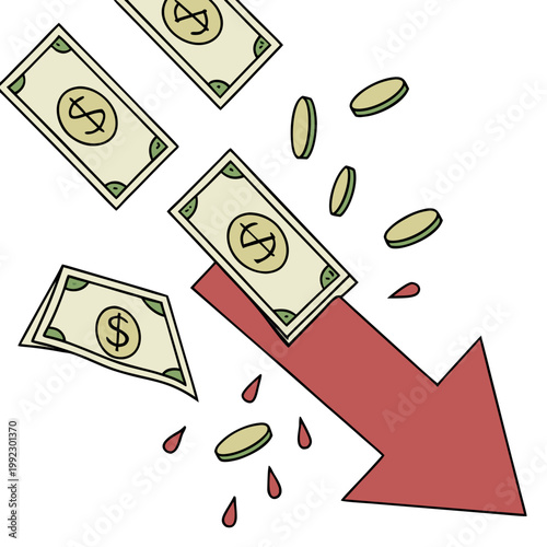 A vector graphic illustration of money falling with a downward red arrow