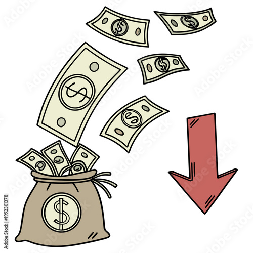 A vector graphic illustration of a money bag with cash flying out and a downward arrow, symbolizing financial loss or decline.