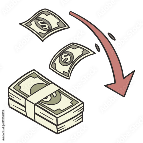 A vector graphic illustration of money bills falling from a stack with a downward arrow