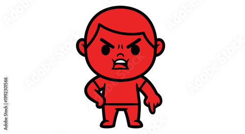 Angry red cartoon character standing alone.