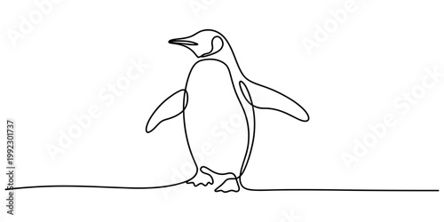 Minimalist single continuous black line drawing of a cute penguin isolated on a clean white background design. Vector, illustration