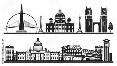 Vector illustration of famous world landmark architectural silhouettes with landmark monument architecture