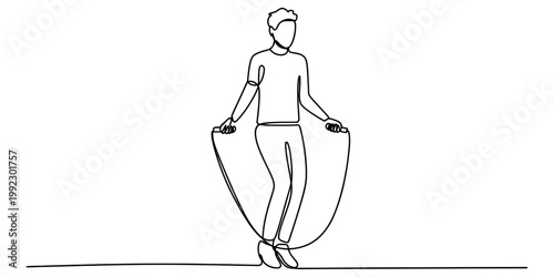 A continuous single line art illustration of a young man exercising by jumping rope in a simple minimalist style. Vector, illustration