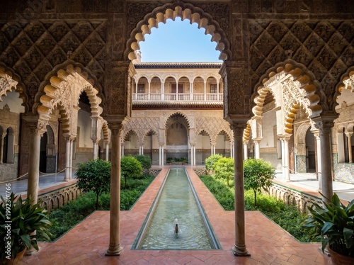 Intricate mudejar architecture of the Royal Alcázar of Seville featuring the lush Courtyard of the Maidens in summer