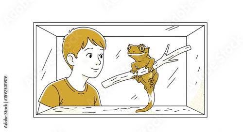 Boy looking at pet gecko in terrarium with branch