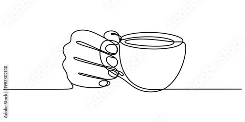 Minimalist continuous line art depicting a human hand carefully holding a hot ceramic cup of morning black coffee Vector, illustration