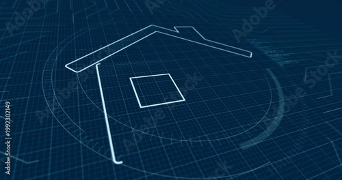 Smart home contour and outline 3d symbol on blueprint scheme background
