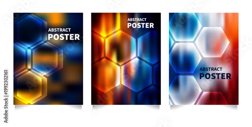 Abstract Hexagonal Technology Poster  Banner Set with Futuristic Light Effects and Gradients for Medical and Tech Innovation