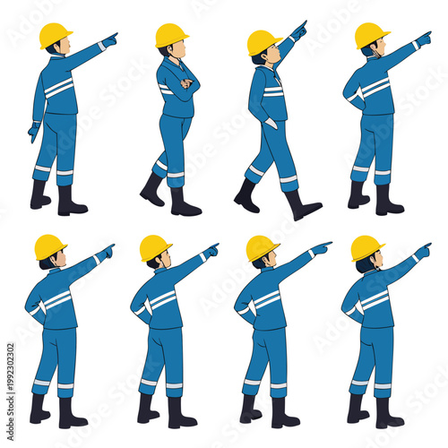 Vector illustration set of male construction workers in safety uniforms and hard hats pointing at targets