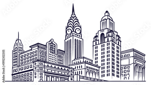 Vector illustration of a stylized urban city skyline with iconic skyscrapers cityscape architecture