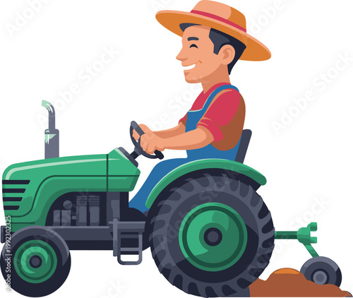 A cheerful farmer operates a green tractor while cultivating the land