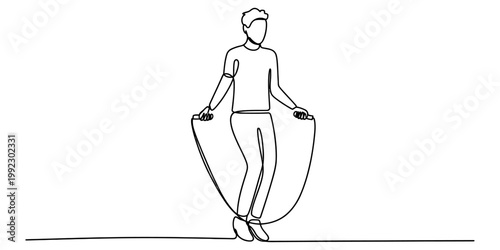 A continuous line drawing of a young man jumping rope to illustrate the concept of fitness and healthy activity. Vector, illustration