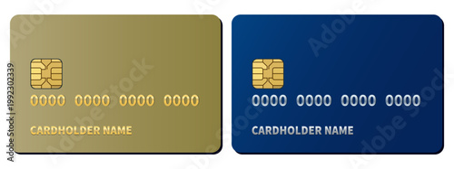 Realistic Credit Card Mockup Set in Gold and Navy Blue with Chip Blank Debit Card Vector Template with Gold and Silver Embossed Numbers
