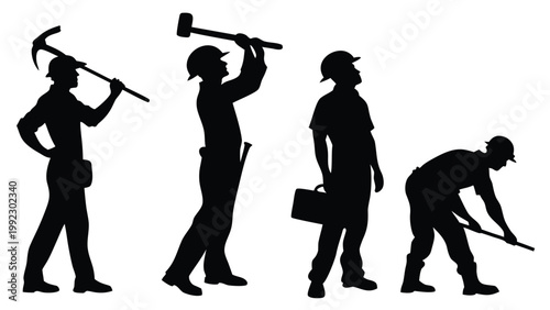 Vector illustration set of manual labor worker silhouettes with tools for construction and industrial work