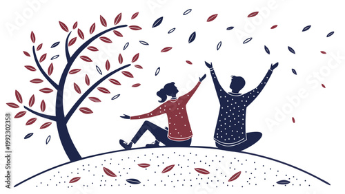 Vector illustration of a couple sitting under an autumn tree with falling leaves celebrating the season