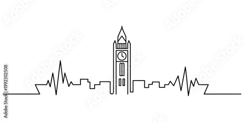 A black and white continuous line drawing depicting the iconic big ben clock tower silhouette over london skyline Vector, illustration