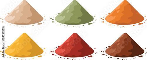 Multicolor powders vector illustration featuring cartoon spice heaps and colorful seasoning piles, vibrant pigment mounds, culinary ingredient visuals, playful and clean design, high quality vector 