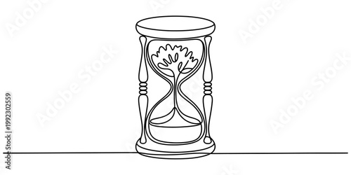 A single line art drawing of an hourglass containing a small growing tree symbolizing the passage of time nature Vector, illustration