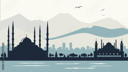 Vector illustration of a mosque silhouette against mountain backdrop with middle east silhouette landscape