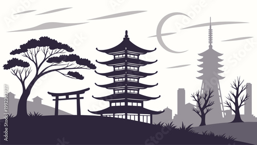 Vector illustration of japanese temple pagoda and torii gate silhouette with silhouette landscape tradition