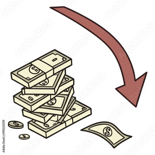 A vector graphic illustration of a declining stack of money with a red arrow pointing downwards