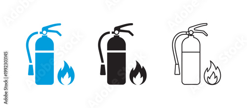 Fire safety extinguisher icons, flame symbol emergency response training signage design, warning protection concept, modern clean vector set