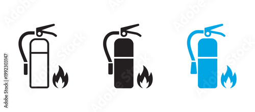 Fire safety extinguisher icons, flame symbol emergency response training signage design, warning protection concept, modern clean vector set