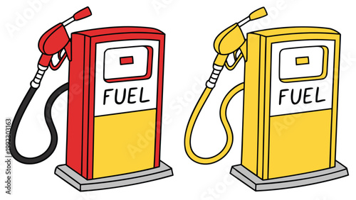 Vector illustration of two classic fuel pumps with hoses and nozzles dispenser transport automobile