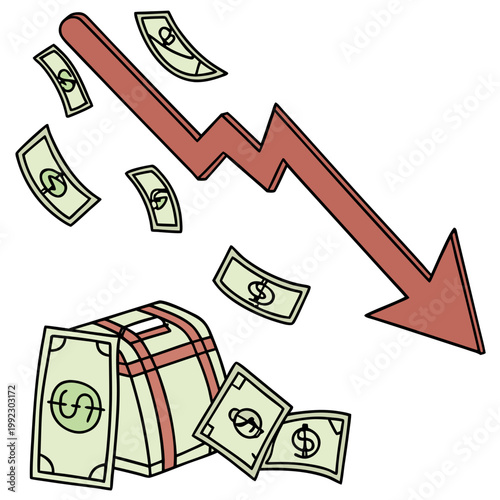 A vector graphic illustration of a downward arrow and falling money bills with a bundle of cash