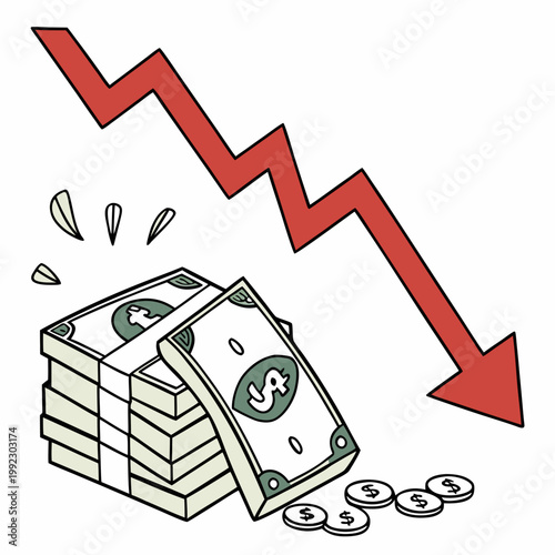 A vector graphic illustration of a declining financial situation with a red arrow and falling money
