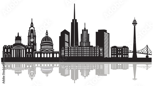 Vector illustration of a city skyline silhouette reflecting on water with silhouette reflection architecture