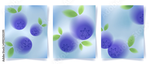 Abstract Colorful Gradient Fruit Card Background set. Blur Summer Minimalist Poster with Blueberries. Modern Spring Wallpaper Blurred Design Template for Menu Party Invitations Promotion Beverages Ads