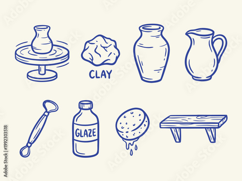 Pottery Making Tools and Materials Doodle Set.