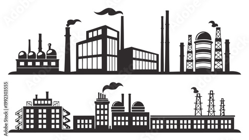Vector illustration of industrial factory and plant silhouettes with industrial manufacturing smokestack
