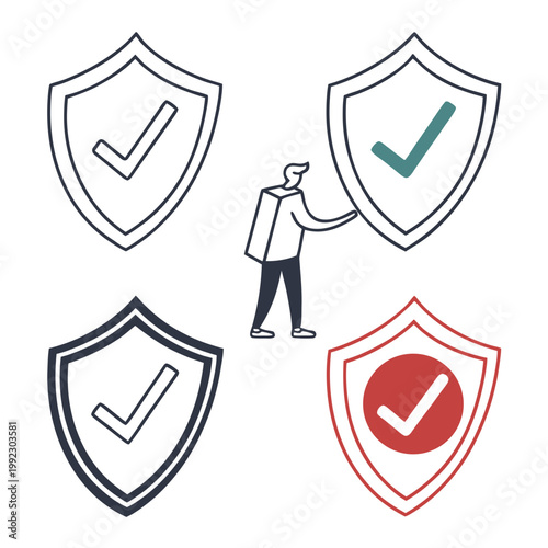 A vector graphic illustration of a man holding a shield with checkmarks symbolizing security and protection