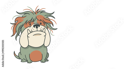 A cute cartoon illustration of a shaggy, grumpy bulldog with messy green and orange fur, sitting and looking forward with an underbite.