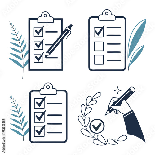 A set of clipboard icons with checklists and a hand holding a pen, surrounded by leaves and stars